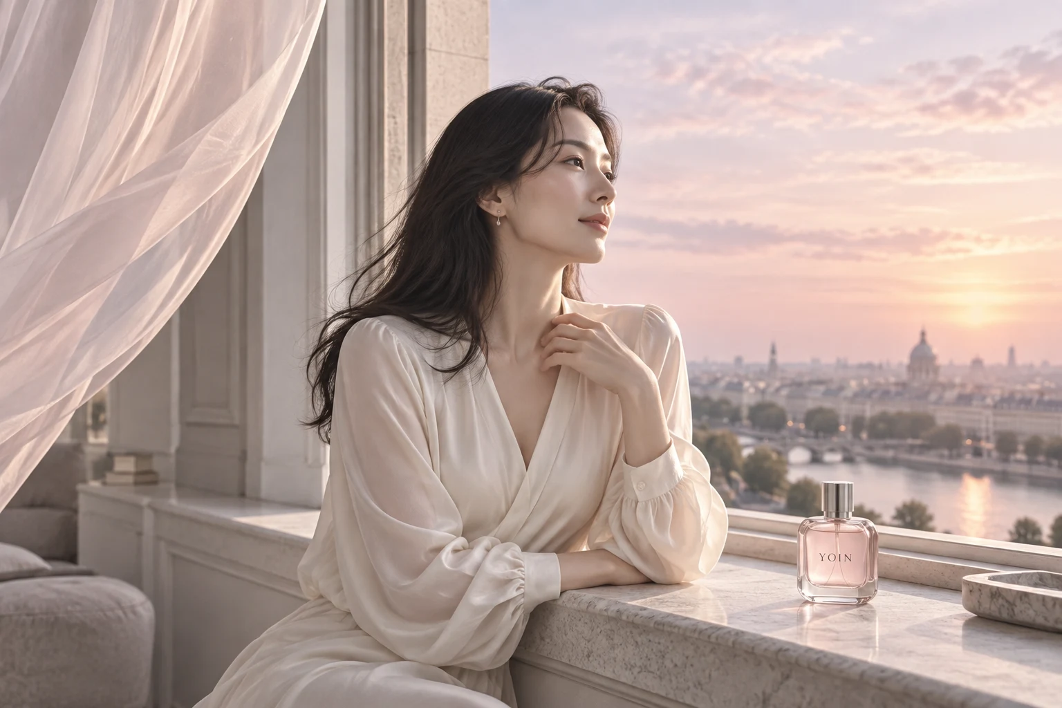 朝の光が入る窓辺で、自分の時間を過ごす女性とYOINのボトル